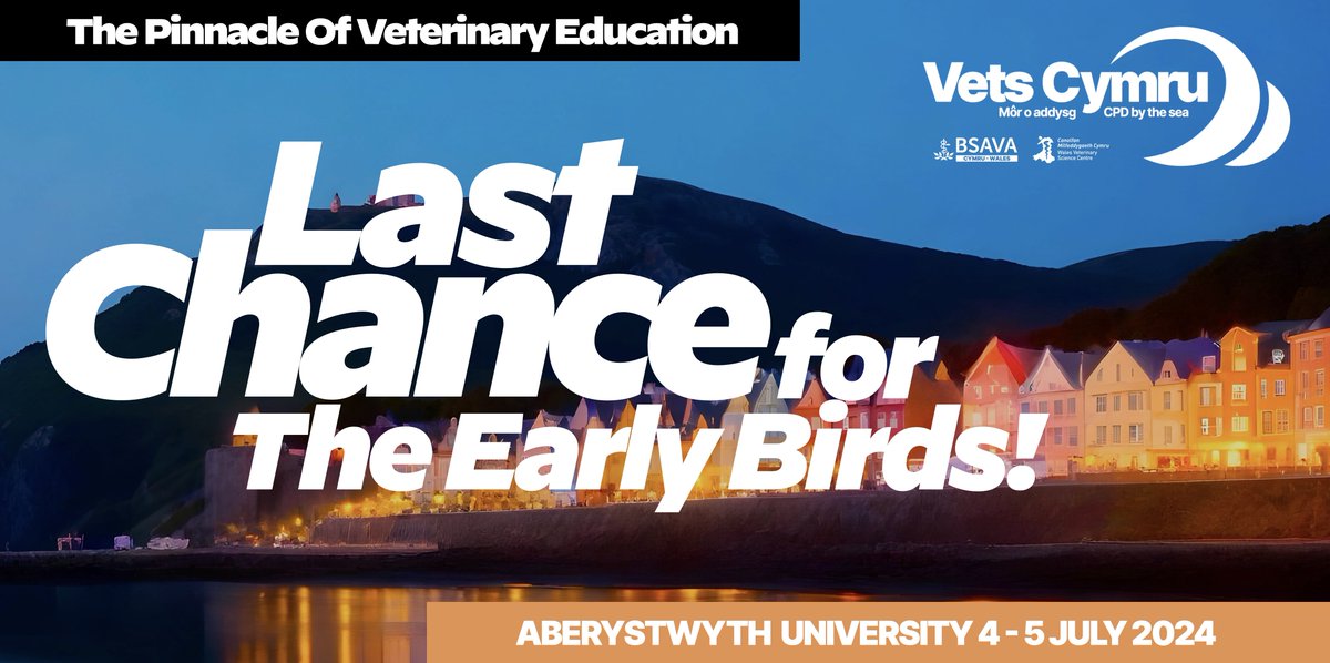 Last chance to get your early bird ticket for #VetsCymru2024 🎟 Early bird ends TOMORROW at Midnight! 📅 4 - 5 July 2024 📍 Aberystwyth University Don't miss out on your discount. Book now 👉 vetscymru.com