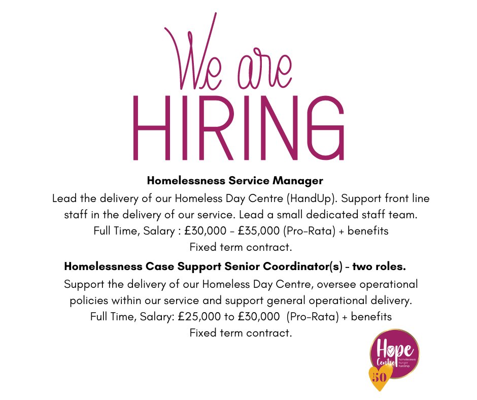 We are hiring! We have three fantastic roles available at Hope to support at HandUp our Homeless Centre. Full details on our website. Closing date: Thursday 23rd May, 1pm. northamptonhopecentre.org.uk/job-vacancies/ @HomelessLink @Crisis_Uk @Job_Northampton @JCPInLeics