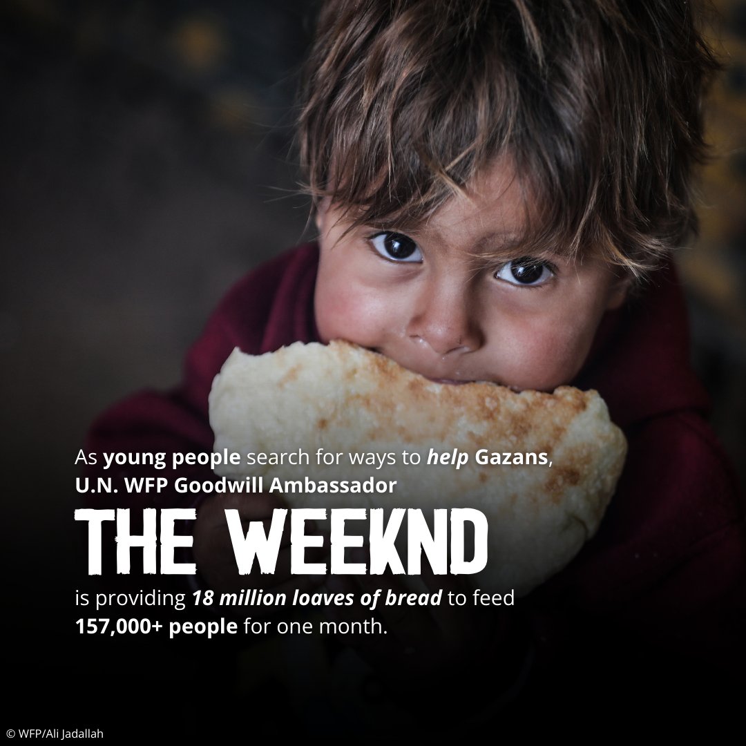 📢 As young people are looking for ways to support Gazans, @WFP GWA @theweeknd, is directing $2M from his XO Humanitarian Fund toward WFP’s humanitarian response efforts in Gaza. This will provide 18M loaves of bread to those in need. 💙 Learn more: bit.ly/4aLDJy9