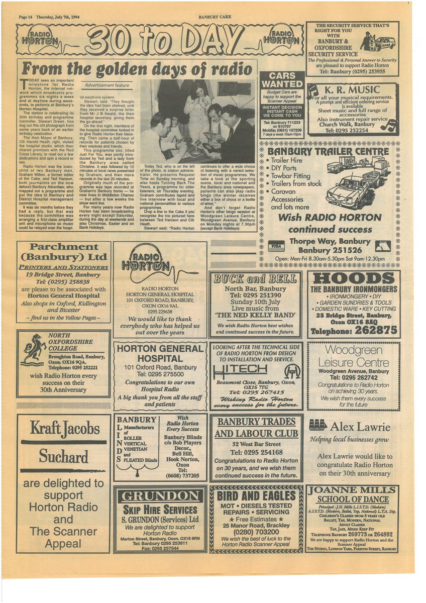 As our 60th Anniversary nears ever closer, we delve into our archives of times-gone-by. Dive into this @BanburyCakeNews article from 1994. Back then, we were on air six nights a week & weekend daytimes! @OxfordMail @OUHospitals @OUH_Horton @OxHospCharity #hospitalradio #Banbury