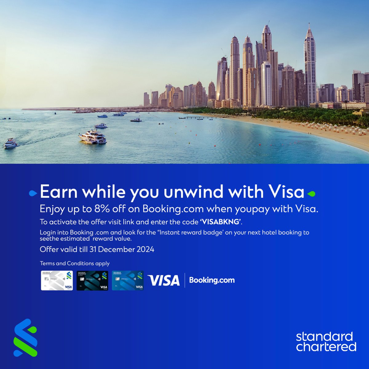 Unlock your wanderlust dreams with Visa! Use code VISABNKG on Booking.com and save up to 8% on your next adventure. This offer is valid until December 31, 2024! #TravelMoreWithVisa #HereForGood