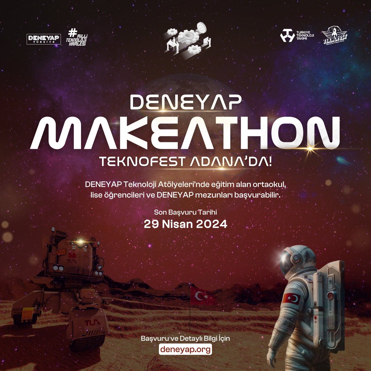 📣 #DENEYAP Makeathon Başvuruları için SON GÜN! 🚀 #DENEYAP Teknoloji Atölyesi öğrencilerine ve mezunlarına yönelik düzenlenecek DENEYAP Makeathon'a seni de bekliyoruz 🫵🏻🤩 🗓 Son Başvuru Tarihi: 2️⃣9️⃣ Nisan 👉🏻 Detaylı Bilgi ve Başvuru için: deneyap.org