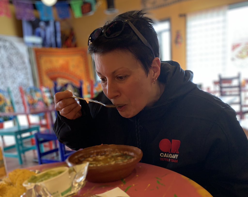 Lethbridge - you are the wind beneath my wings. 😉 Stopped in for a 🌶️ bowl of Aztec soup (and chips and guac) at Mott’s Cafe Verde to warm up from being wind whipped. 🧡 (I’m in a hoodie and jacket and you’re running around in T-shirts!) 😉