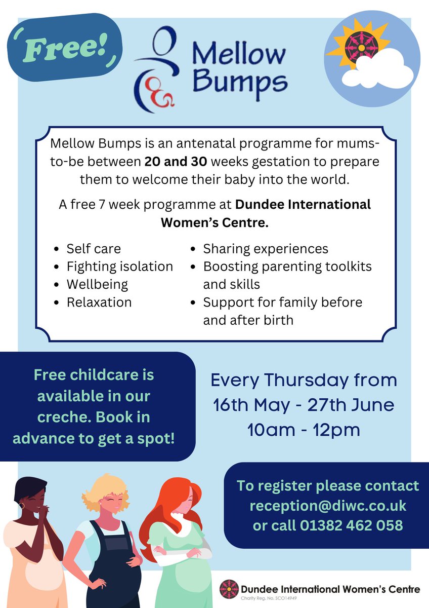 Mellow Bumps is a group for pregnant women which aims to help build a bond between the mother-to-be and their baby. Contact reception@diwc.co.uk for more information or to book the creche for older children!