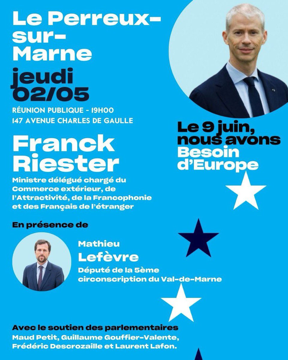 📅 Retrouvons-nous ce jeudi 2 mai, au Perreux-sur-Marne chez @MathieuMlefevre, pour soutenir notre candidate @ValerieHayer et défendre ensemble notre @BesoindEurope ! 🇫🇷🇪🇺