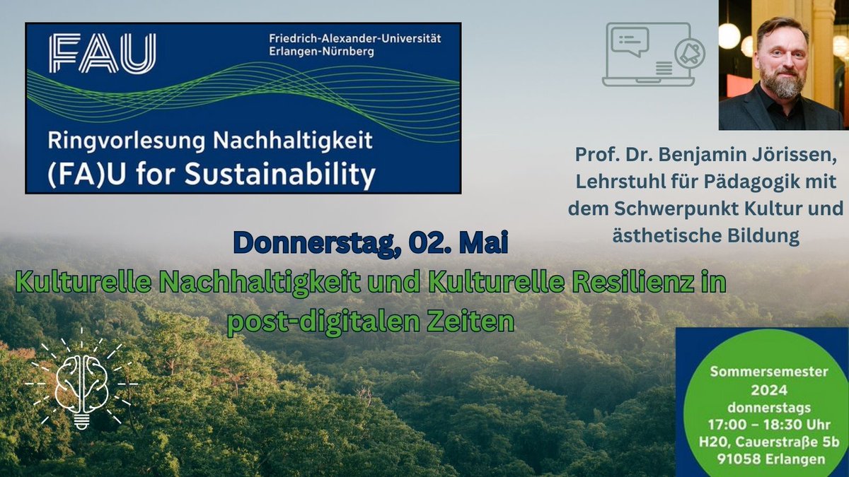 #Ringvorlesung an der #UniFAU zum Thema #Nachhaltigkeit. 
Kulturelle Nachhaltigkeit und Kulturelle Resilienz in post-digitalen Zeiten mit  #FAUProf Dr. Benjamin Jörissen.