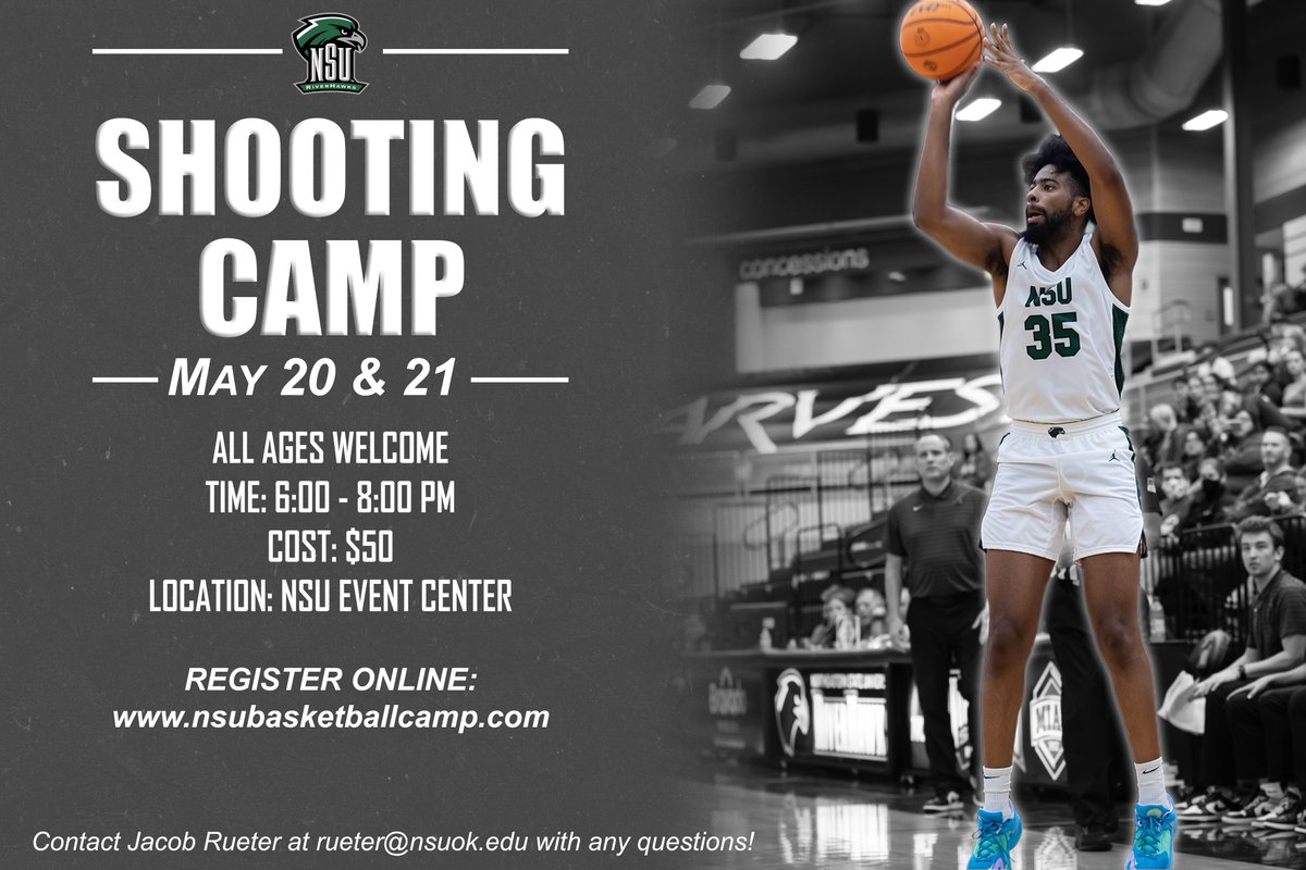 𝐒𝐇𝐎𝐎𝐓𝐈𝐍𝐆 𝐂𝐀𝐌𝐏 is less than a month away!  A great opportunity to be instructed by a college staff! All ages are welcome!  

Be sure to visit nsubasketballcamp.com to sign up! We look forward to seeing you in the gym!  

#TeamNSU