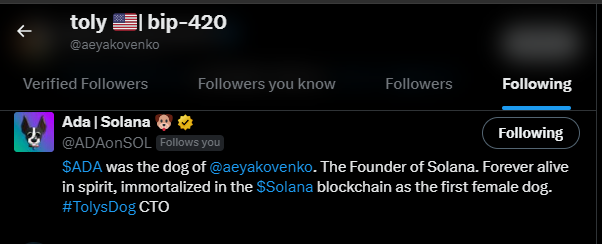 Solana founder @aeyakovenko recently started following the @ADAonSOL account. $ADA aims to aid dogs worldwide in honor of Toly's cherished canine companion. To date, @ADAonSOL has contributed funds, resources, and time to canine welfare. For perspective, while @rajgokal's dog,