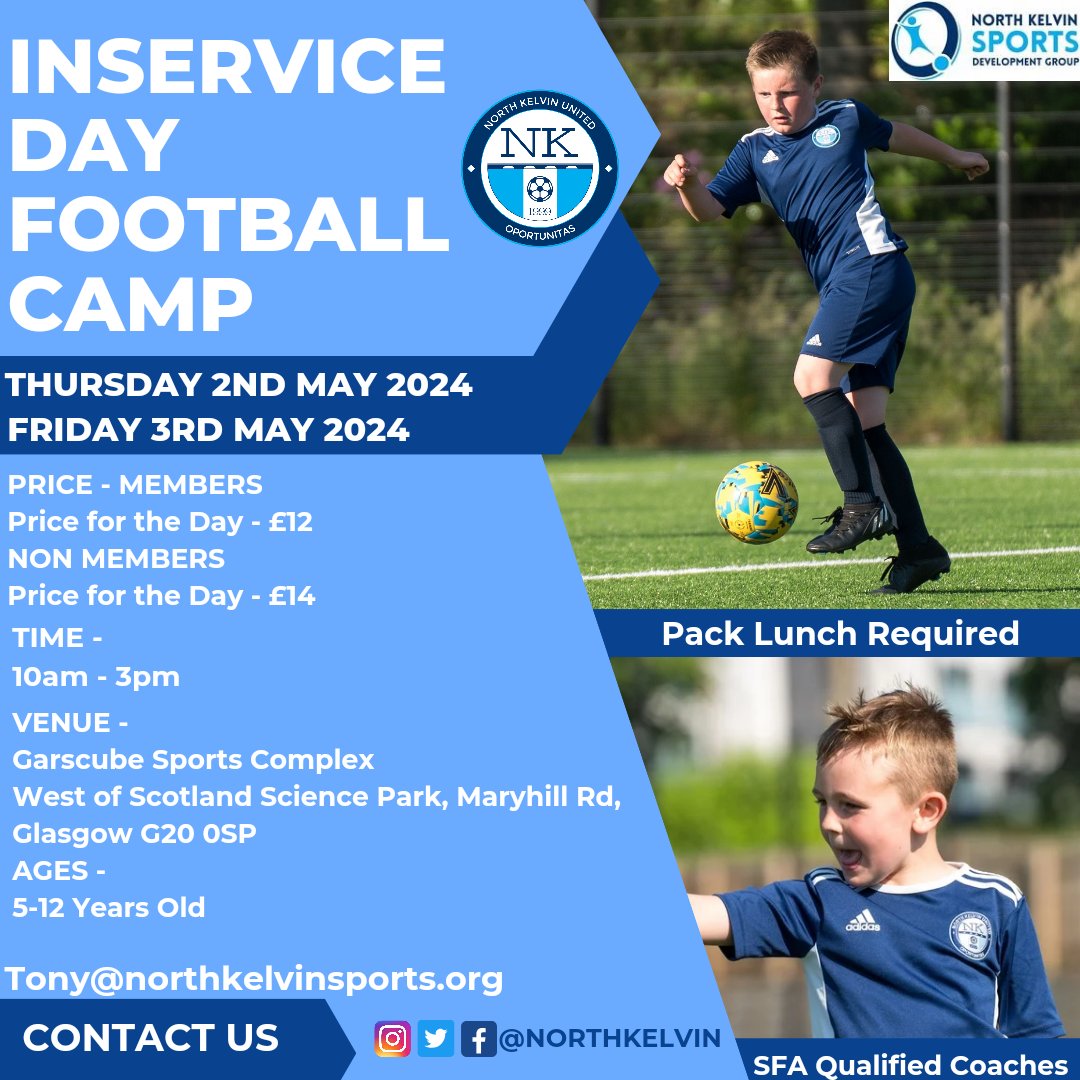 INSERVICE DAY FOOTBALL CAMPS 💙⚽️ | After the success of our Spring Football Camp we are running two Inservice Day Football Camps on 2nd and 3rd of May at Garscube Sports Complex 👏 If you are interested in coming to our camps please follow the link: linktr.ee/northkelvinspo…