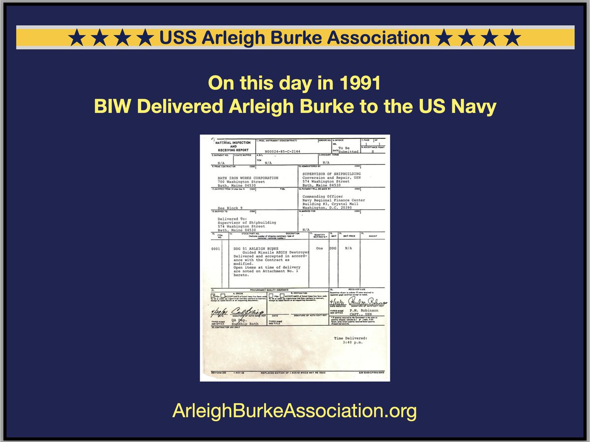 On this day in 1991 - BIW Delivered Arleigh Burke to the US Navy ArleighBurkeAssociation.org #ArleighBurke #DDG51 @GDBIW