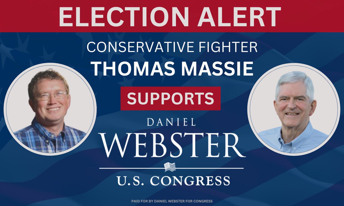 🚨Endorsement Alert 🚨@MassieforKY says, “Daniel Webster is a stalwart friend and ally. He puts principle above personal ambition, and that is rare in Washington….I need him fighting alongside me now more than ever.” secure.winred.com/danielwebster/…