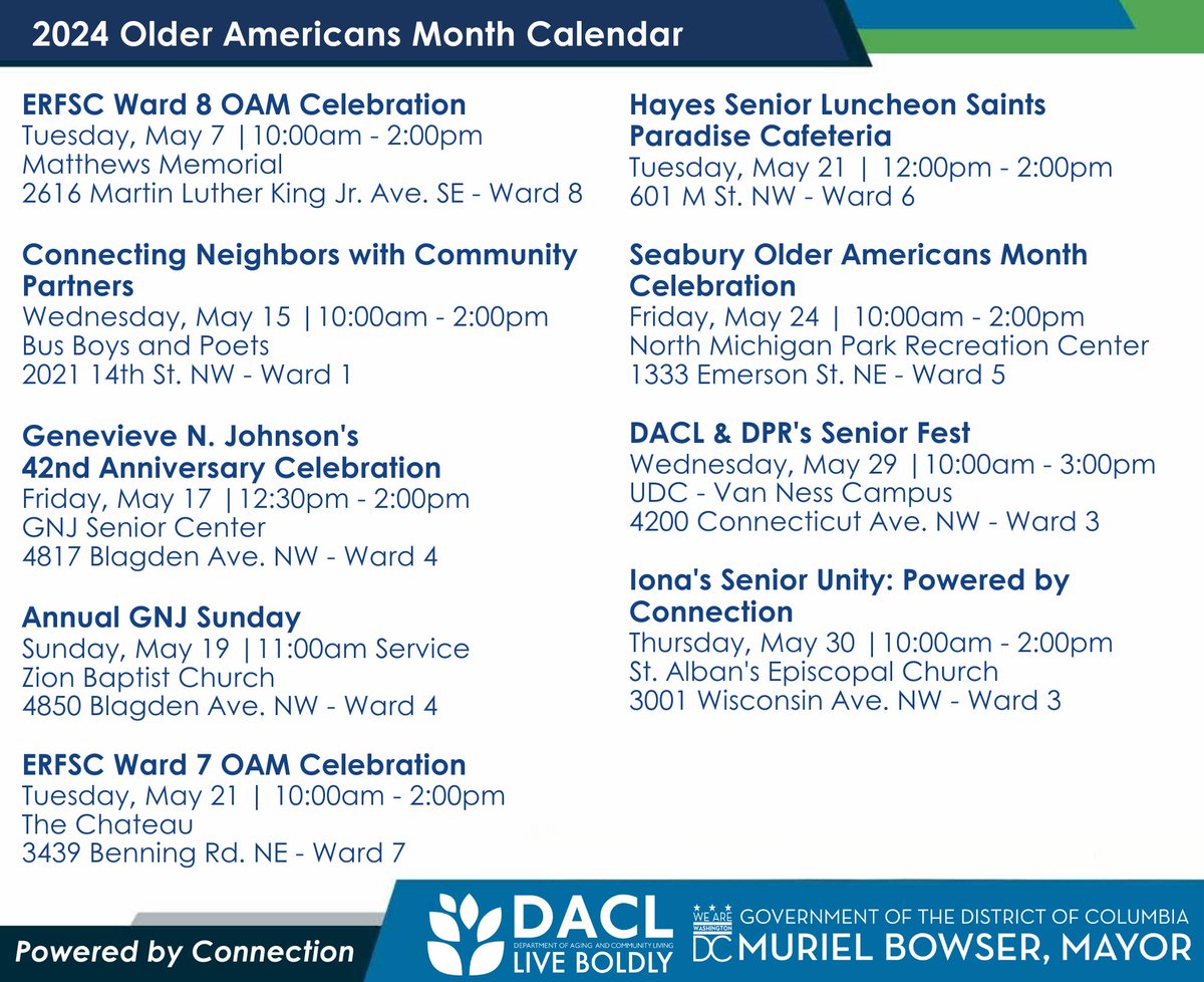 We are just two days away from the celebration of #OlderAmericansMonth ! Join DACL the entire month of May to celebrate our District seniors #livingboldly !! 

#OAM #OAM24