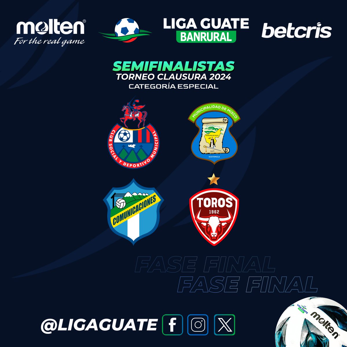 SEMIFINALISTAS 🏆⚽️🤩

Los equipos clasificados para las semifinales del Torneo #Clausura2024 de la #LigaGuateBanrural.

➡️ CATEGORÍA ESPECIAL

⚽️ #MoltenGuatemala I 🏦 #BanruralGT I🤑 #BetcrisGuate