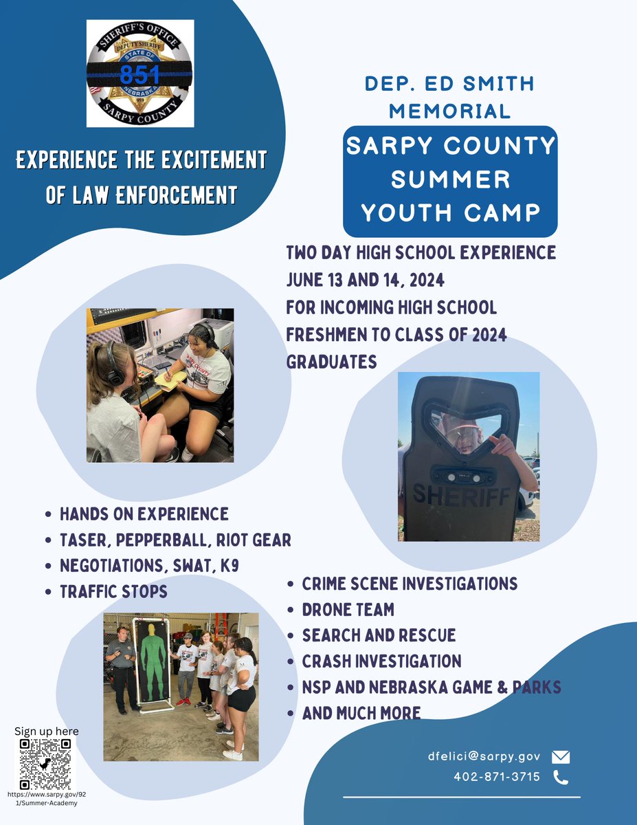 Just a quick reminder to reserve your child’s spot In the Sarpy County Youth Middle School Camp. There are still a few limited spots open for the June 11 & 12, 2024, Camps. The High School Camp will be a 2-day camp June 13-14, 2024. These Camps are Free! sarpy.gov/921/Summer-Aca…