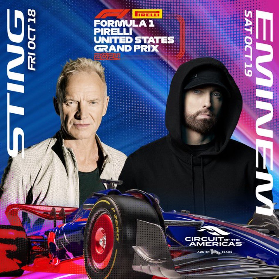 BREAKING: Music legends @Sting and @Eminem will headline @GermaniaAmp Super Stage at the 2024 @F1 Pirelli United States Grand Prix on October 18-20th! 3-Day and Single Day tickets are on sale NOW! atxconcert.com