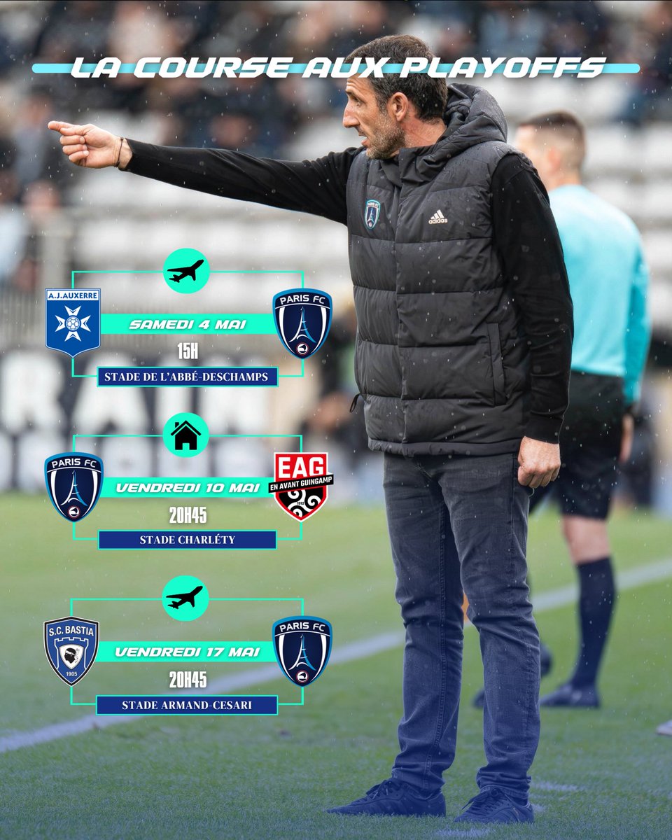 La course aux playoffs bat son plein pour le Paris FC 🔵⚪️

3️⃣ matchs restants pour terminer dans le TOP 5. Un sprint final palpitant en perspective ! 🔥

À quelle position terminera le PFC cette saison selon-vous ? 

#CertifiéParis #TeamPFC