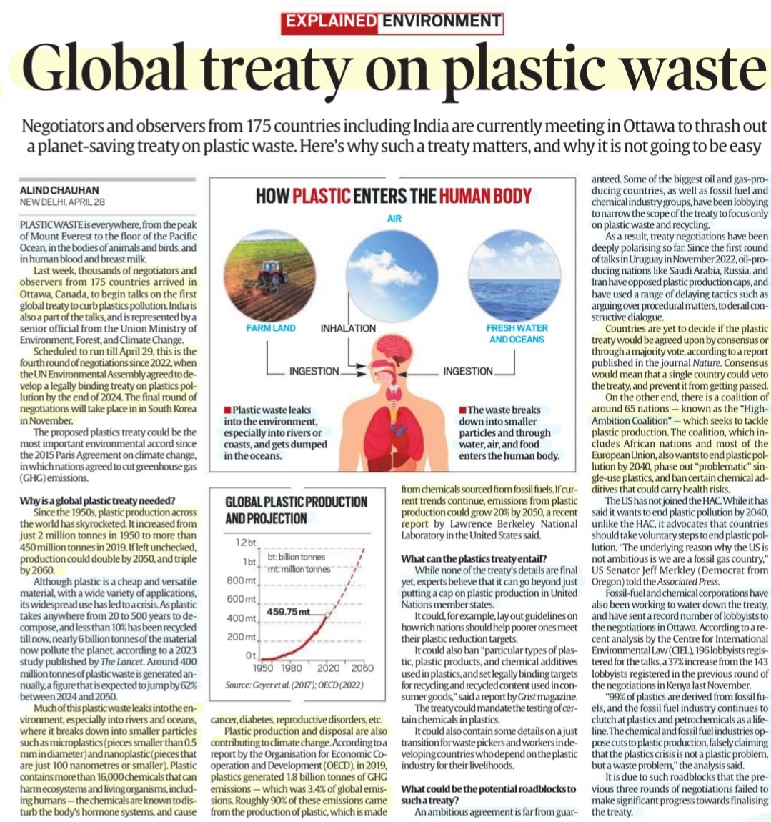 'Global Treaty on Plastic Waste' :An informative article by Sh Alind Chauhan @alindchauhan #PlasticTreaty ,negotiations in #Ottawa ,impediments& More info #Plastic #PlasticPollution #production 📈 #PlasticVsPlanet #Microplastics #FossilFuels #water #Food #Health #UNEP #UPSC