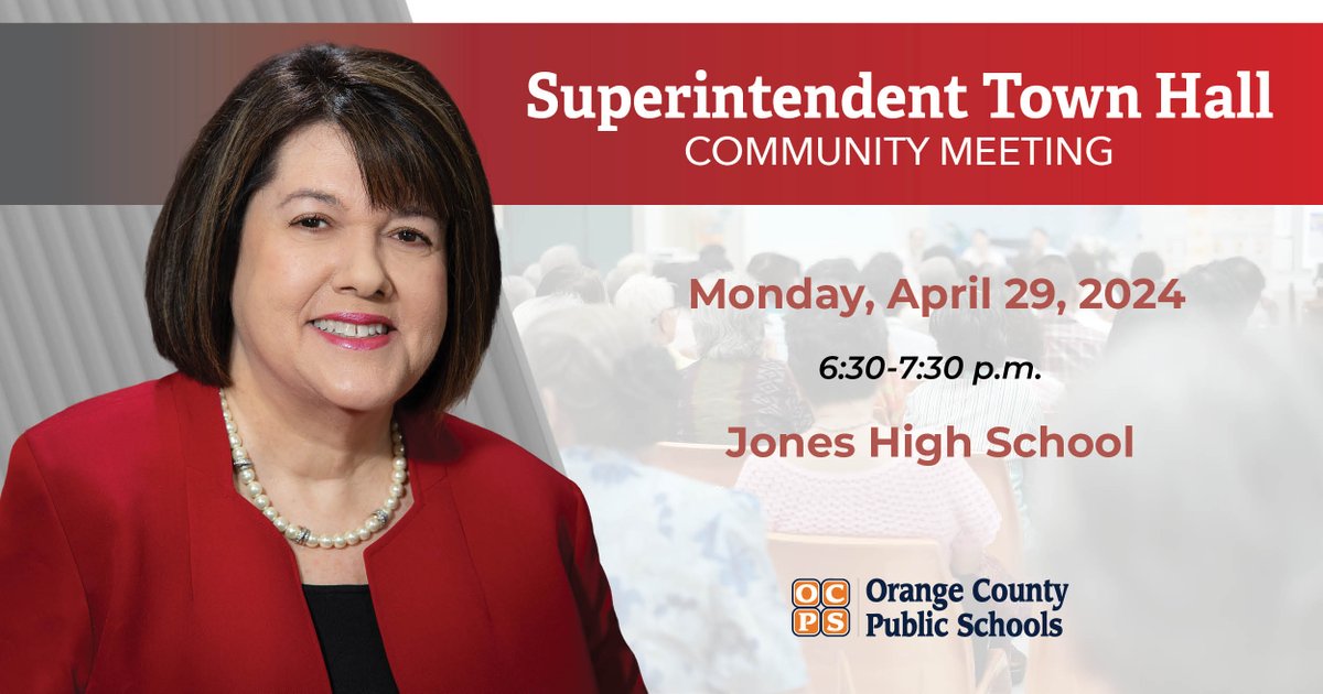 Please join us for the next Superintendent Town Hall meeting being held at Jones High School on April 29th (tonight) from 6:30-7:30. We look forward to seeing you there! <a href="/JMartinez_OCPS/">Jose T. Martinez</a> <a href="/Jones_OCPS/">Jones High OCPS</a>