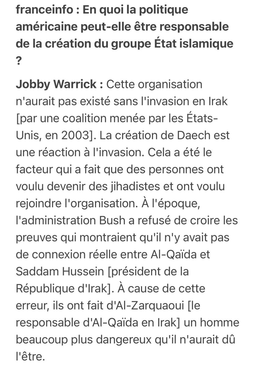 @ryosaeb07492052 @LePoint Quand on dit que DAECH est créé par l’occident on veut dire que c’est l’occident (surtout les USA) qui a créé un environnement propices à ce que DAECH émerge et se développe (par la guerre dans la région). Pas que les mecs de DAECH étaient de faux musulmans, des acteurs…