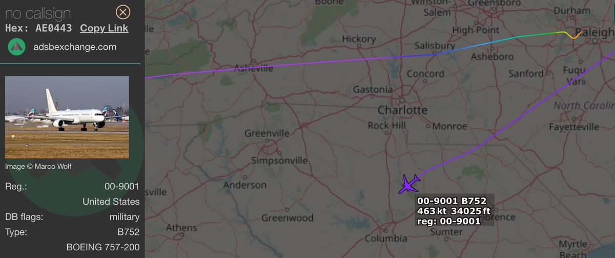 The best C-32B is active on ADSB again heading south near CLT