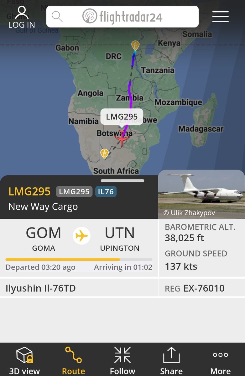 Kyrgyzstan IL76 EX-76010 heading to Upington, South Africa from Goma, DRC