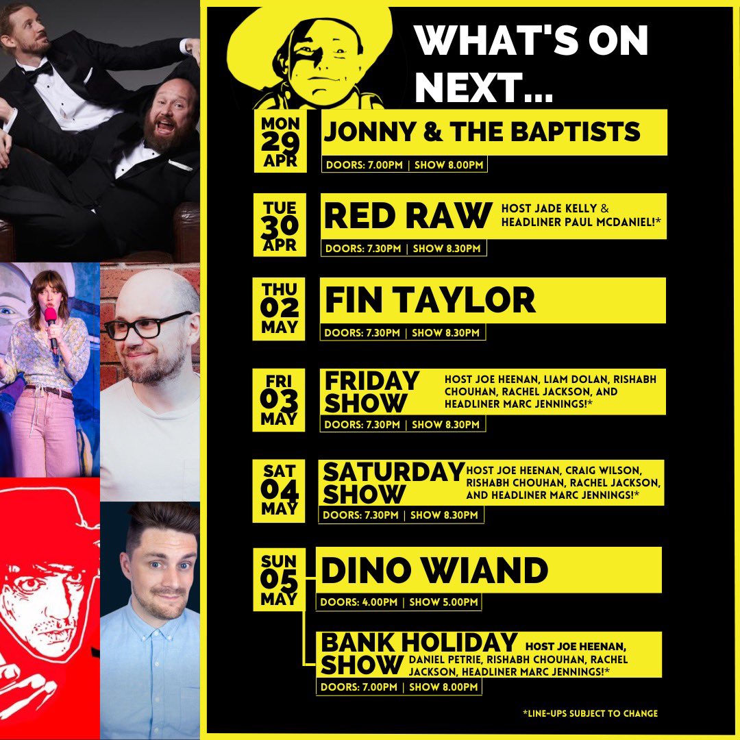 Don’t miss a musical double-bill from Jonny & The Baptists tonight! 8pm start Jade Kelly hosts Red Raw tomorrow, with Paul McDaniel closing; Fin Taylor is sold out on Thursday; the weekend is packed full of shows including chaos comedian Dino Wiand 🎟️ thestand.co.uk/whats-on/glasg…