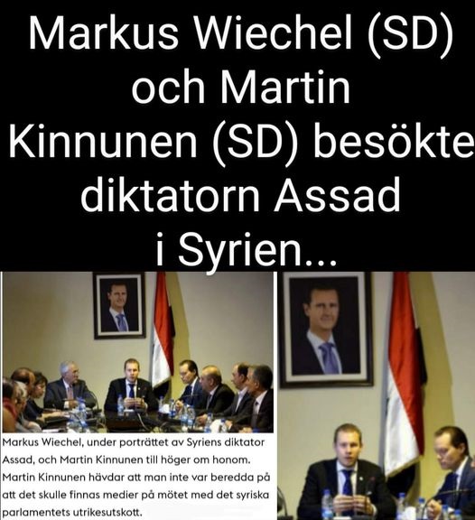 SD-politiker har alltid krypit för auktitära diktatorer. Riksdagsmännen Markus Wiechel (SD) och Martin Kinnunen (SD) kryper för våldsamma diktatorn Assad i Syrien 2017. #svpol