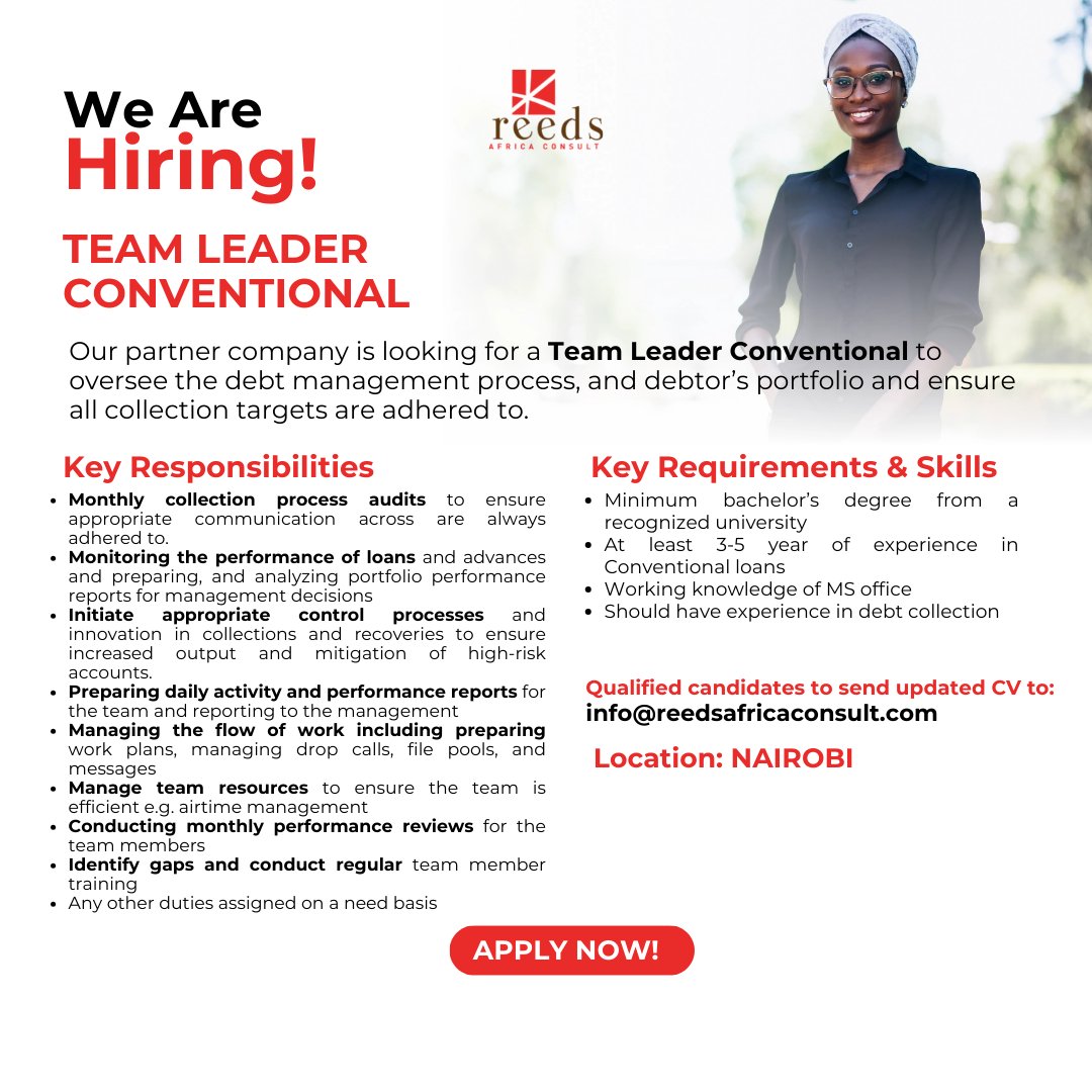 WE ARE HIRING!

Our client is looking for a Team Leader Conventional to be part of their growing team.

Apply Now to secure the job!

Send your updated CV to info@reedsafricaconsult.com

#reedsafricaconsult #IkoKaziKE #jobsinkenya #jobopportunities2024
