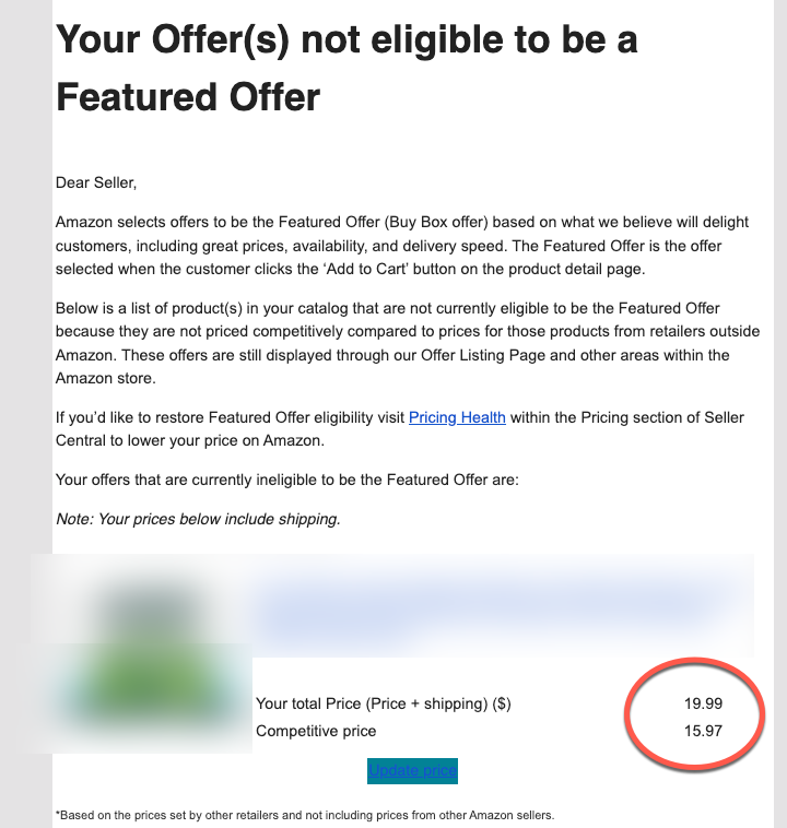 AdamChudy's tweet photo. Maybe the single most abusive thing that @amznsellerhelp does to its sellers is to use an algo to detect "better offers" on other websites and punishes you by removing your buybox if don't cut the price on amazon.

What makes it worse is they don't actually verify the offer is valid or serious and it creates a ton of false positives. 

Some random reseller in Indiana had 3 UNITS of my product listed on Walmart for $15.97. Amazon took our buybox, did not disclose where the better offer was, and tried to force us into an indefinite 20% price cut on the thousands of units a week we sell over 3 UNITS. We lost roughly $6,000 in sales in 2 days.

I should be able to control my offer on amazon without dealing with this and I hope the FTC shuts this down. @dharmesh 

This issue will only get worse as the other major retellers open up their platforms to resellers and you get random people with a handful of units offering them at deep discount somewhere (similar to ebay).