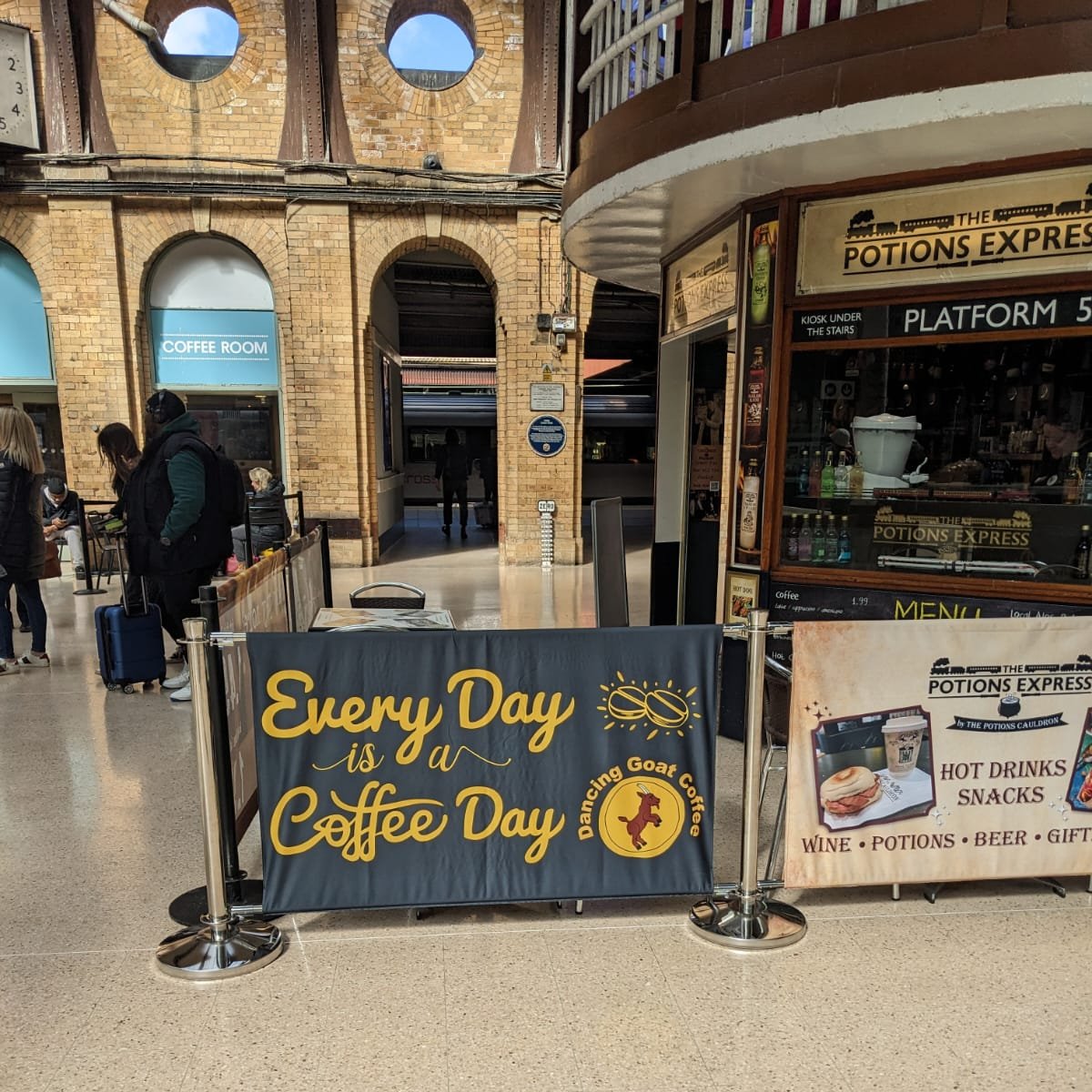 Spotted at York Train Station! 🚂 Well, you can't miss this sign at @thepotionsexpress to be fair 🧙‍♂️☕️ Whether it's a coffee to get your day started or one to help you relax on your ride home, be sure to pop by! Every day is a coffee day! #yorktrainstattion #coffeetogo