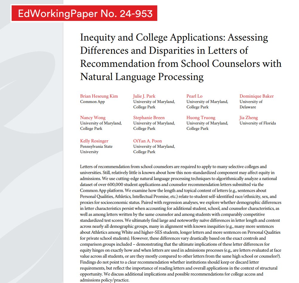 New working paper out! Analyzing over 600k letters of recommendation w/ natural language processing, we ask: What do counselors write about, and how does this vary by student demographics? What implications does this have for equity in admissions? (1/11) edworkingpapers.com/ai24-953