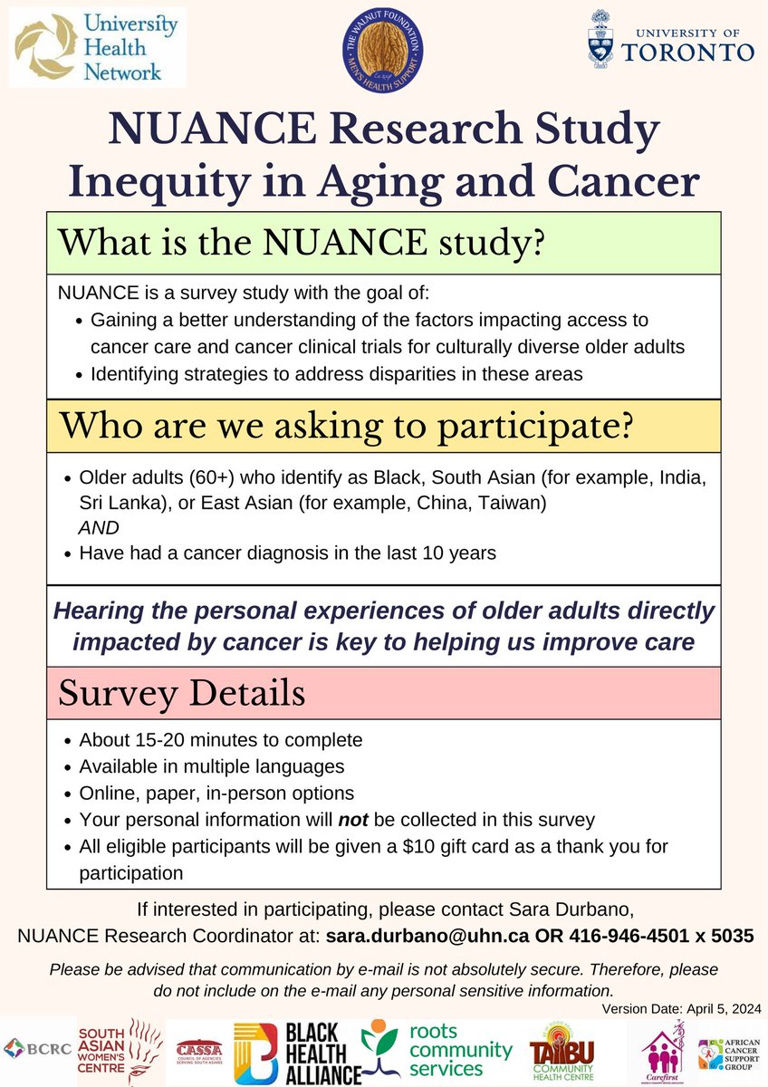 NUANCE Research Study Inequity in Aging and Cancer If interested in participating, contact Sara.durbano@uhn.ca OR 416-946-4501 x5035