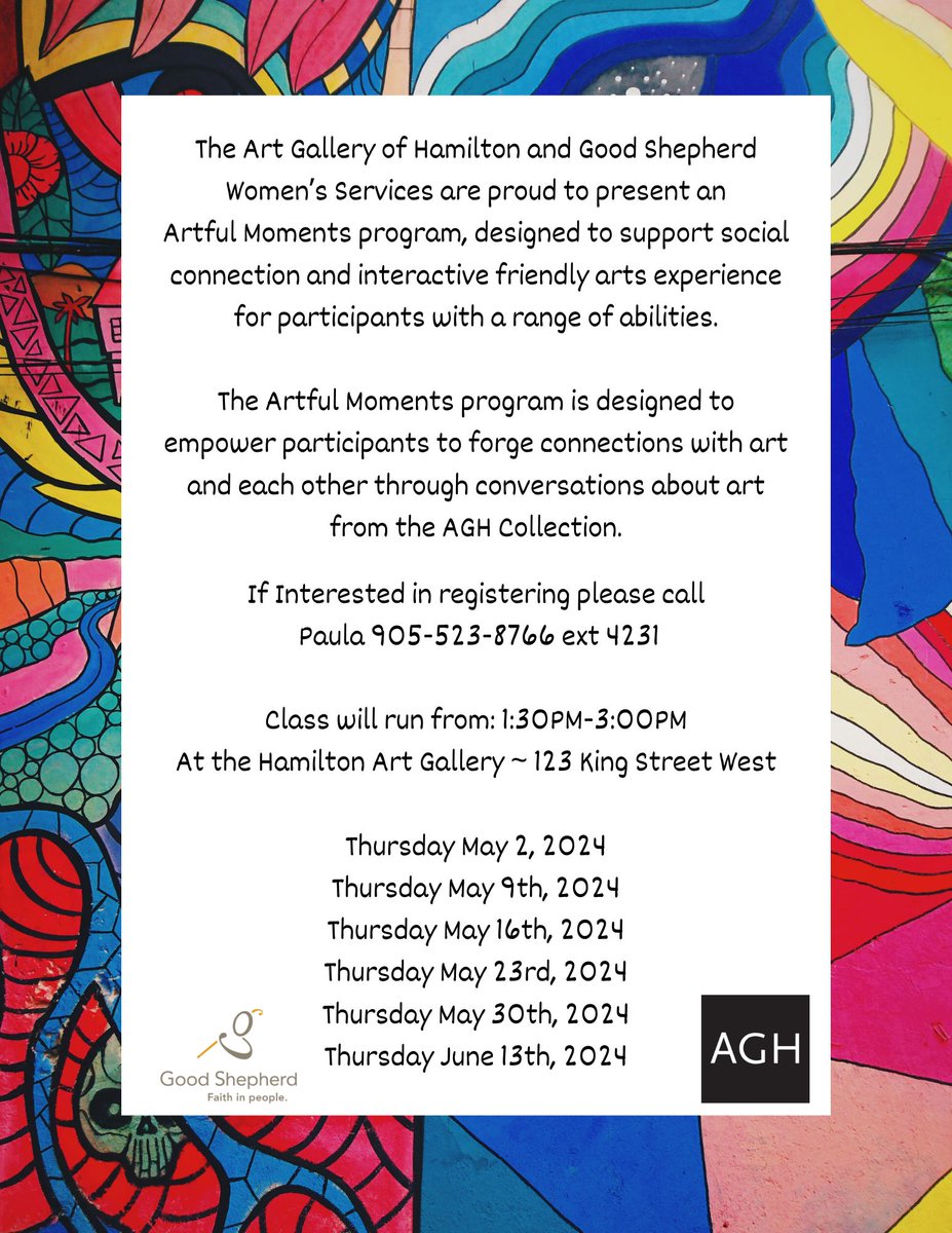 Good Shepherd Women's Services & The Art Gallery of Hamilton are excited to offer Artful Moments. If interested in registering please contact Paula at 905-523-8766 ext 4231 @GoodShepherdHam @TheAGH