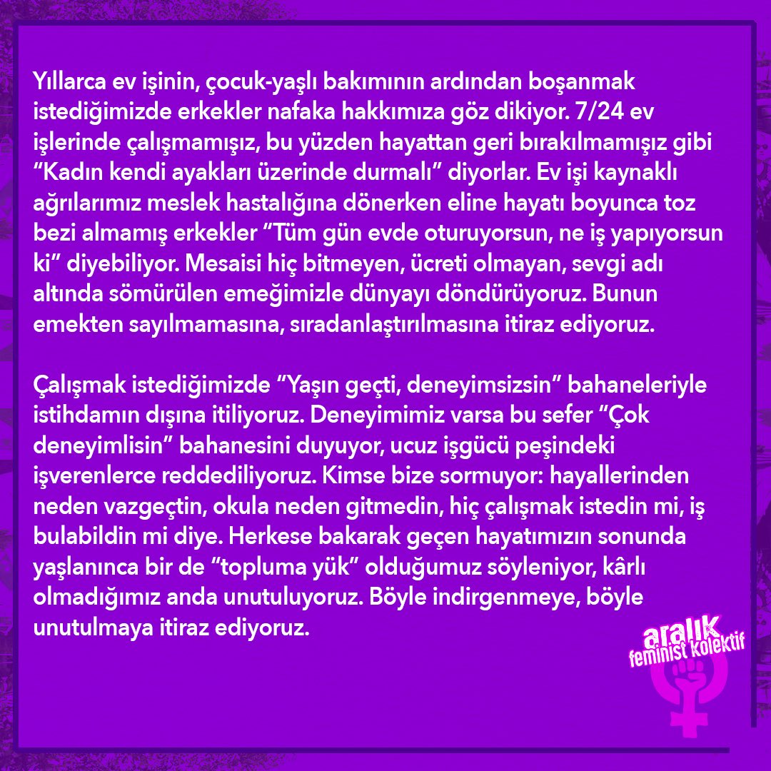 Aralık Feminist Kolektif olarak biz de 1 Mayıs'ta Taksim'e yürüyoruz: Erkeklerden de, devletten de, sermayeden de alacaklıyız! 👇