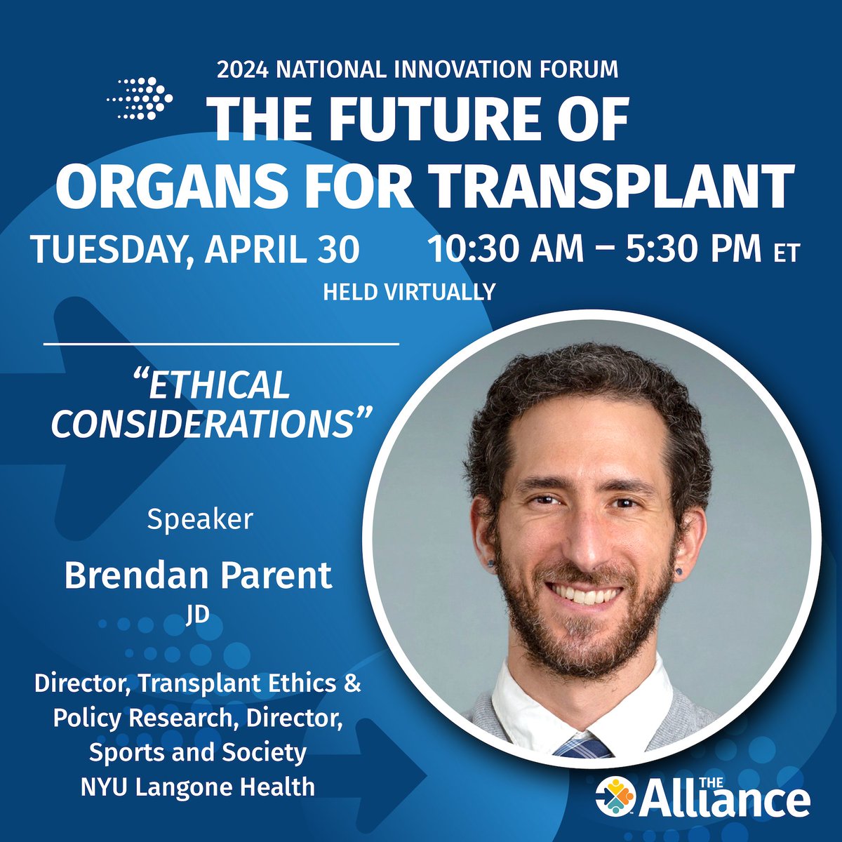 🔍 Explore the ethical dimensions of transplant innovation with Brendan  Parent, JD, Director of Transplant Ethics & Policy Research at  @NYULangone. Join us on April 30th to delve into the discussion.  Register: bit.ly/3vRPp3d #TransplantEthics #MedicalEthics 💡🏥