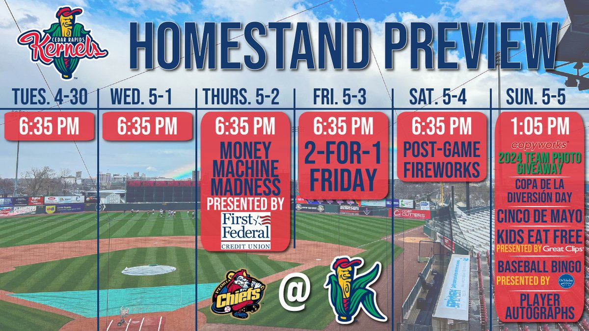 Here we go again! Your #CRKernels start a new homestand tomorrow. Join us for a week full of fun, including our first post-game fireworks show and our Cinco de Mayo celebration! Get your tickets now, starting with tomorrow's game, by visiting atmilb.com/4cbBvJD