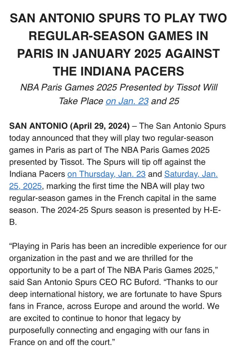 Spurs make it official. They’ll play two regular season games against the Indiana Pacers in Paris next season. 🤠🇫🇷