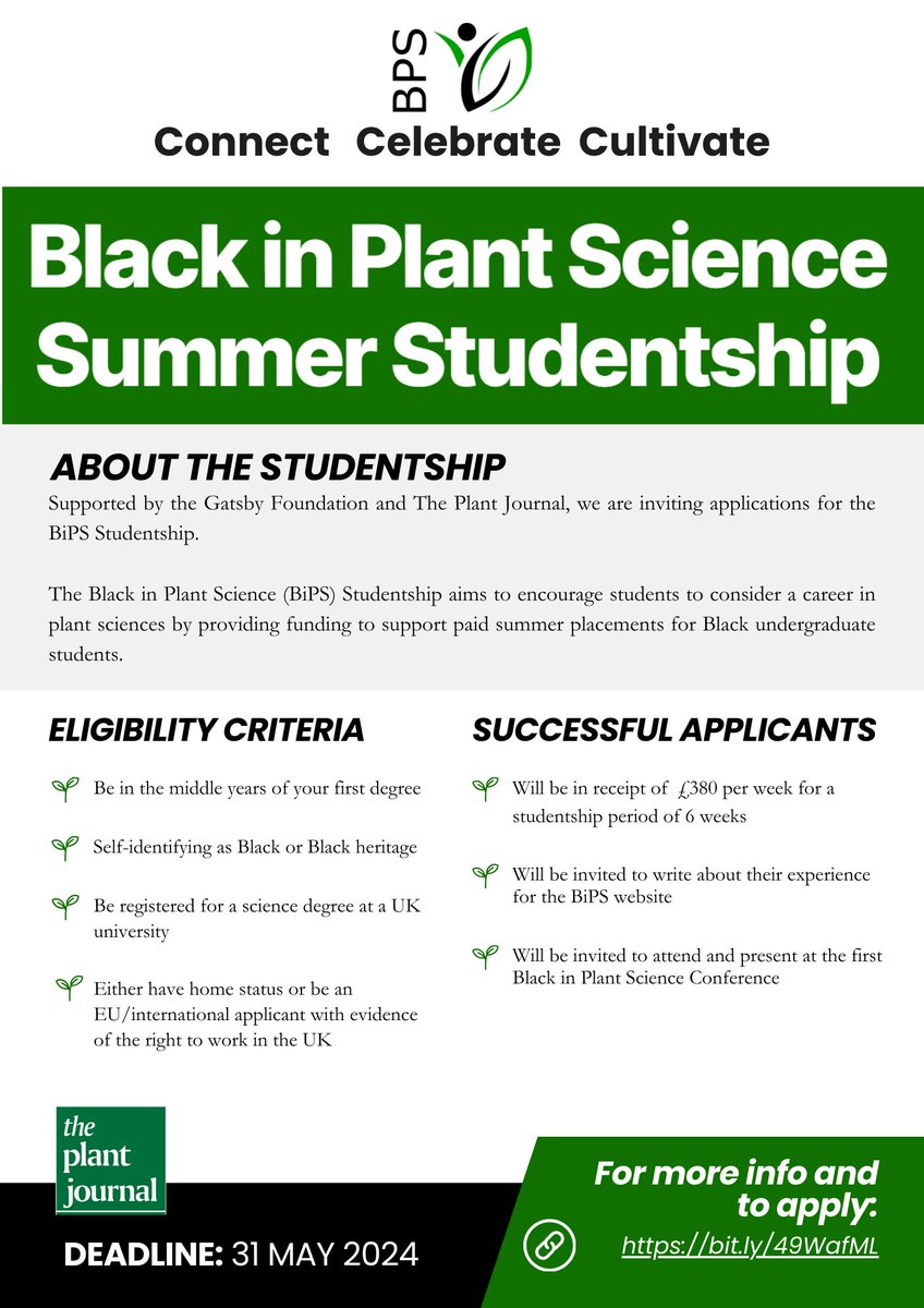 Supported by the @GatsbyFoundation and @ThePlantJournal, we are inviting applications for the Black in Plant Science (BiPS) Summer Studentship. The deadline is fast approaching so don't hesitate to apply: blackinplantscience.org/2024/04/29/bla…
