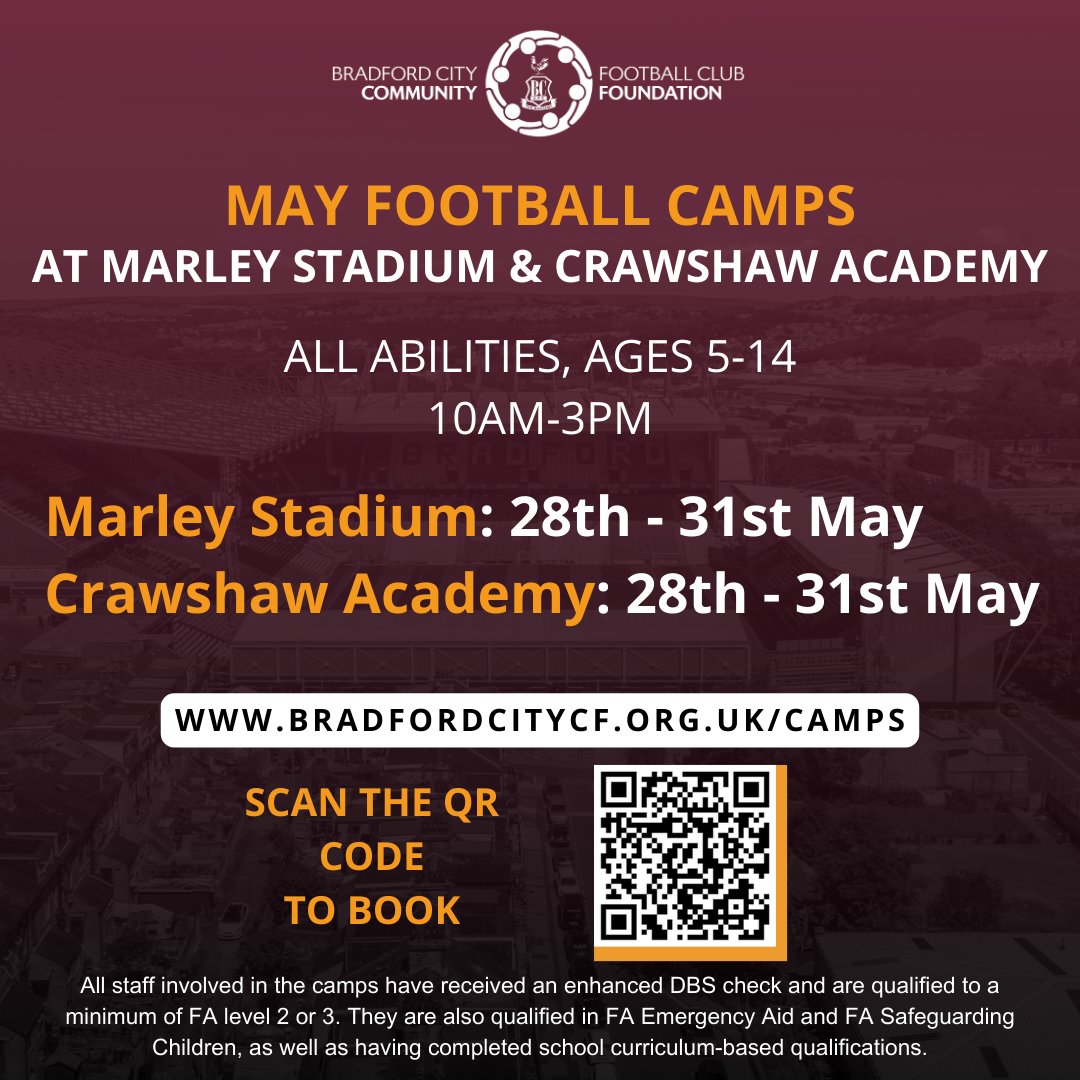 ⚽️ | #FootballCamps The footie season might be ending but you can still get your fix with our football camps! W're at Marley Stadium and Crawshaw Academy this May for fun in (hopefully) the sun ☀️ Details 👇 Book: bradfordcitycf.org.uk/camps #BCAFC | #CommunityFoundation
