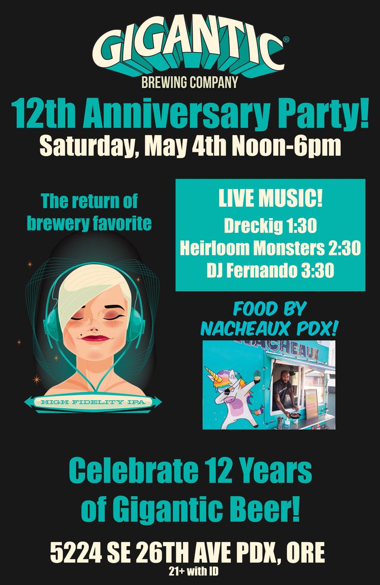 Celebrate 12 years of Gigantic Brewing on Saturday, May 4th at its OG location in SE Portland. It'll be an afternoon filled with beer, food, music and lots of fun! Details: brewpublic.com/beer-events/gi… #giganticbrewing #nacheauxpdx #dreckig #pdxbeer