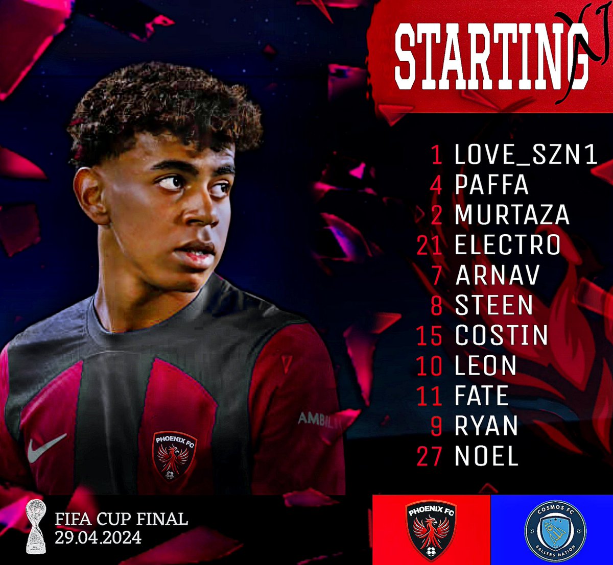 Your Phoenix lineup for the biggest game in our history against <a href="/Cosmos_FTFC/">Cosmos FC</a> in the <a href="/Parody_FTFIFA/">FT FIFA (Parody)</a> Final❤️🖤

@TheRealWaffa <a href="/Murtazaball2/">murtaza🦕🏆</a> and <a href="/Electro_THFC/">Electro</a> solidify this rock of s defence🧱

<a href="/Costin_RMACF/">Costin</a> and <a href="/Leon_Comeback/">Leon 🇩🇪🤍</a> the two maestros running the show⭐️🥶

CMON PHOENIX❤️🖤