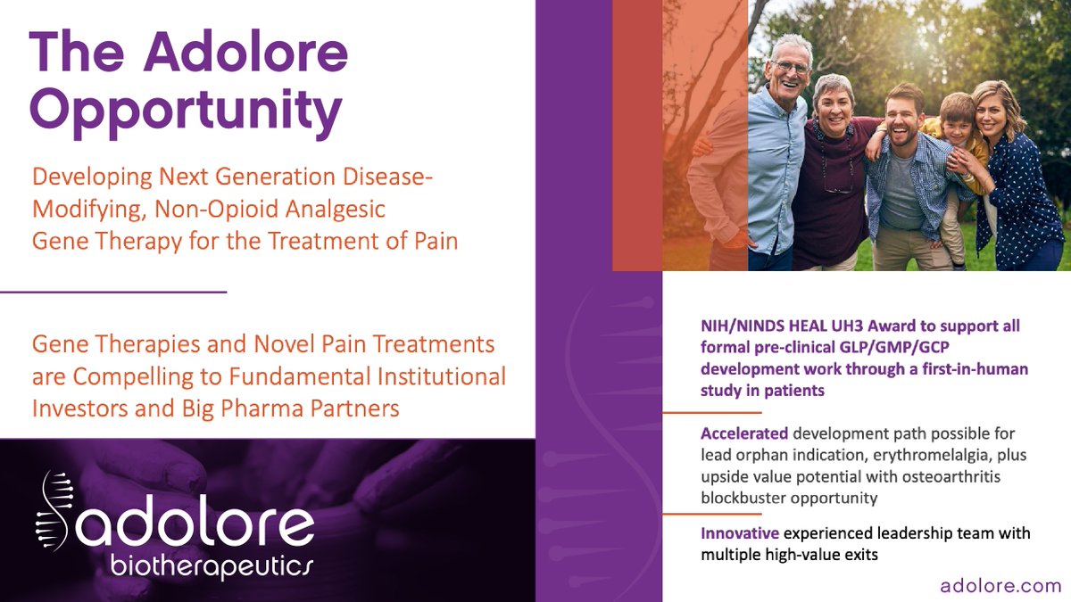 The Adolore Opportunity: We are working to develop next generation therapies for #pain.

bit.ly/3IjiNSC  
#ChronicPain #PainManagement #BetterSolutions #PainSolution #PainRelief #GeneTherapy #NoOpioids