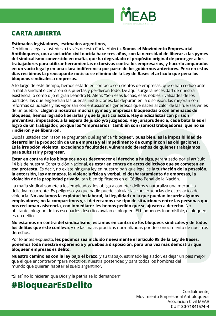 MEABArgentina's tweet photo. Carta abierta a los legisladores. @DiputadosAR @SenadoArgentina 
#BloquearEsDelito https://t.co/PNgevpVmBY