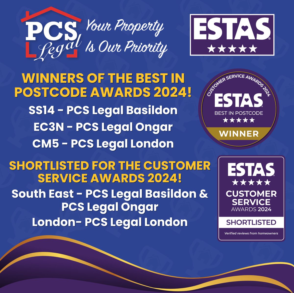 We're incredibly proud of our success with The ESTAS! 🎉 Such a huge achievement for our Basildon, Ongar and London offices to have won their Best in Postcode Awards! AND shortlisted in The Customer Service Awards for the South East and London, hopefully we win those too!🏆