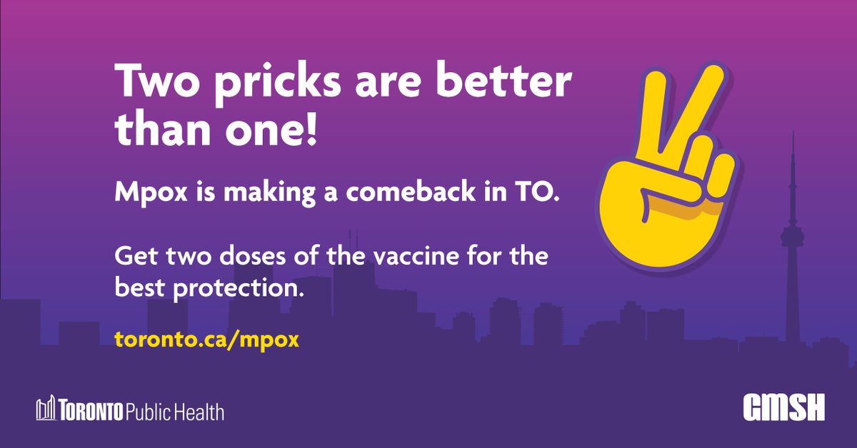 📢NEW: We’re holding a #mpox vaccine clinic on May 2 at North York Civic Centre & May 4 at Metro Hall.

Come get your 1st or 2nd dose of the vaccine if you haven't already.

#Mpox continues to spread & getting 2 doses provides the best protection.

Book: toronto.ca/mpox