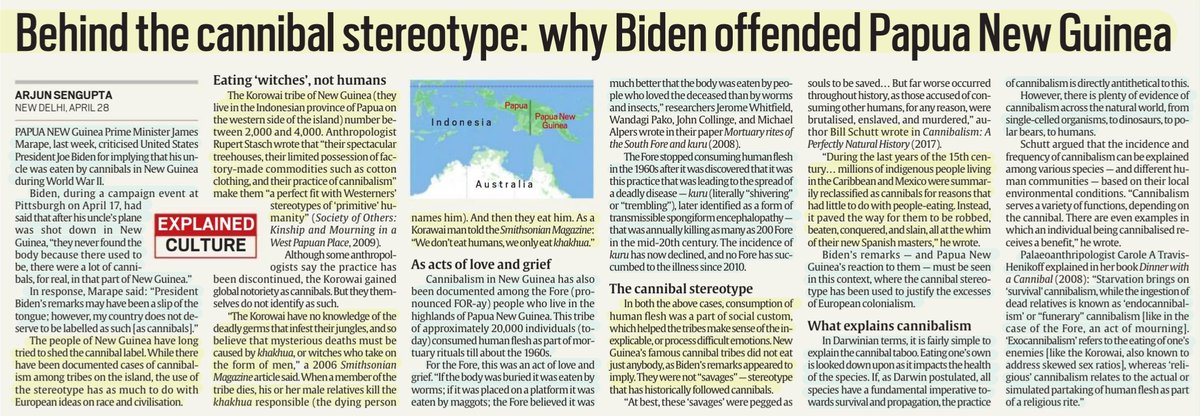 'Behind the Cannibal Stereotype: Why Biden offended Papua New Guinea' :Explained by Sh Arjun Sengupta #Biden remarks on #PapuaNewGuinea ,Stereotyping,#Cannibalism ,its prevalence, reasons,issues,types & More info.. #Cannibals #culture #UPSC #UPSCPrelims2024 Source: IE