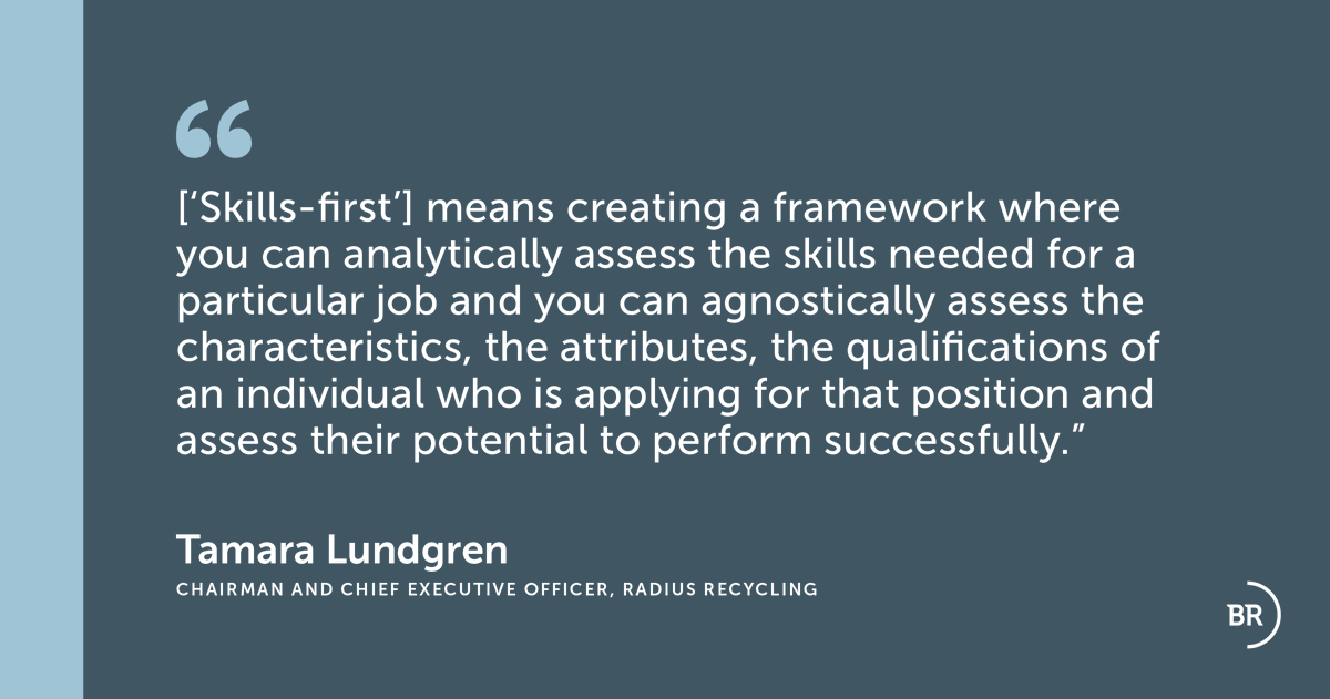 Tamara Lundgren, Chairman and Chief Executive Officer of Radius Recycling, on the value of a skills-first framework. Hear more from Lundgren and other Business Roundtable CEOs: youtube.com/watch?v=M67SqH…