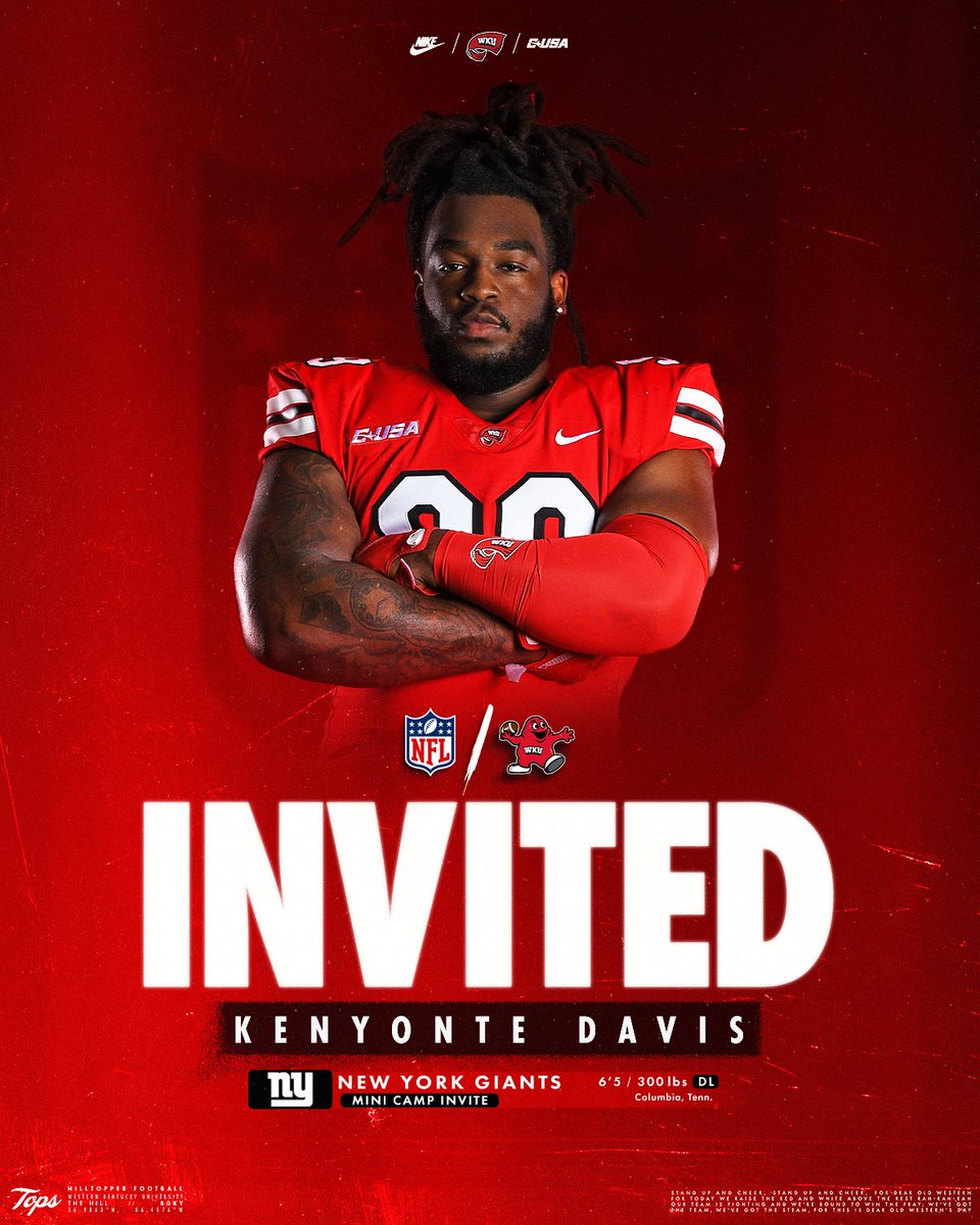 WKU Football (@wkufootball) on Twitter photo Congrats to Kenyonte Davis on earning a rookie mini camp invite from the <a href="/Giants/">New York Giants</a>!
<a href="/NonteDavis/">Nonte Davis</a> | #ProTops Congrats to Kenyonte Davis on earning a rookie mini camp invite from the <a href="/Giants/">New York Giants</a>!
<a href="/NonteDavis/">Nonte Davis</a> | #ProTops