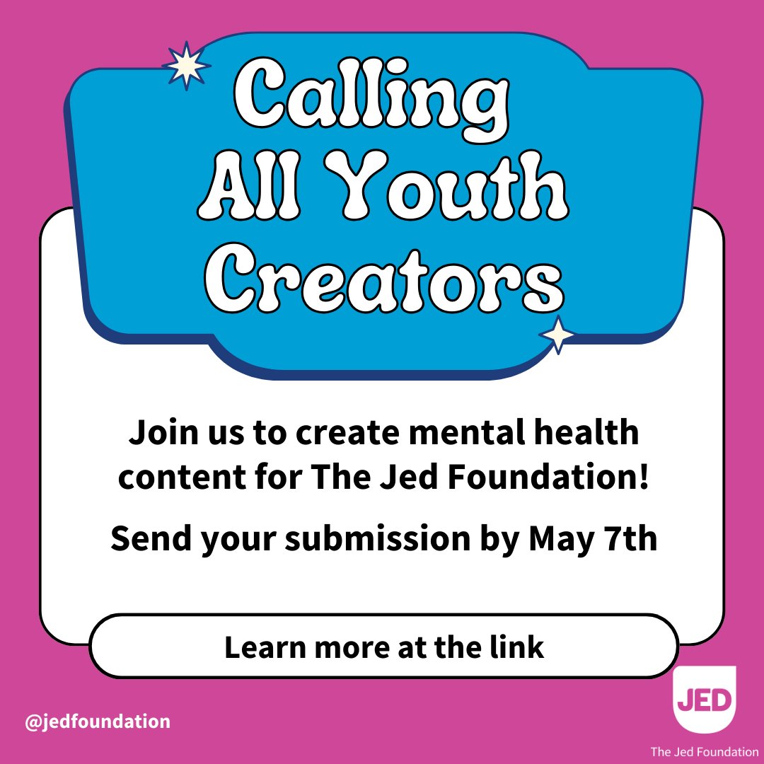 Calling all youth creators interested in making #MentalHealth content 📲💙! Submit now for JED’s first group of freelance youth creators. Deadline is 5/7. Only to legal residents of US & DC ages 18-30. Click on the 🔗 to learn more. jedfoundation.org/jeds-freelance…