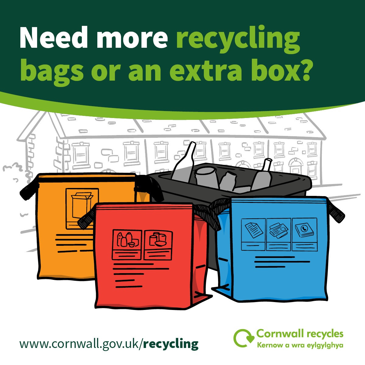 ♻️ Need more recycling bags? Order yours now 👉 orlo.uk/Order_Recyclin… 🥫 Red bags are for plastic pots, tubs and bottles, tins and cans. 📦 Orange bags are for cardboard. 📰 Blue bags are for paper and magazines. 🍾 The black box is for glass jars and bottles and textiles.